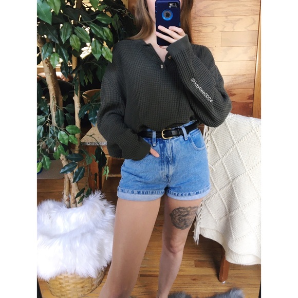 Vintage Sweaters - 🌿 Vintage Olive Thermal Knit Henley Sweater 🌿